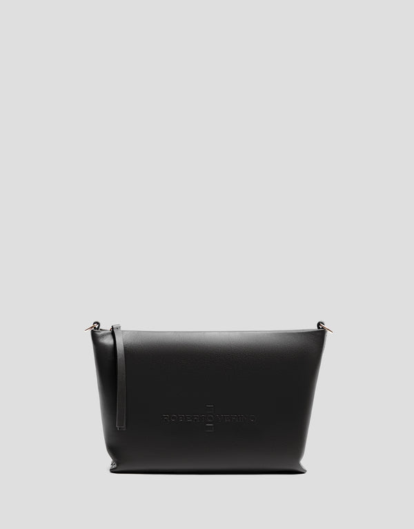 Black leather handbag with a brand logo on a light gray background