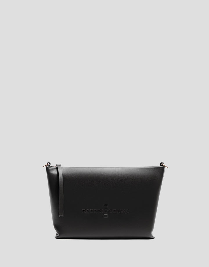 Black leather handbag with a brand logo on a light gray background
