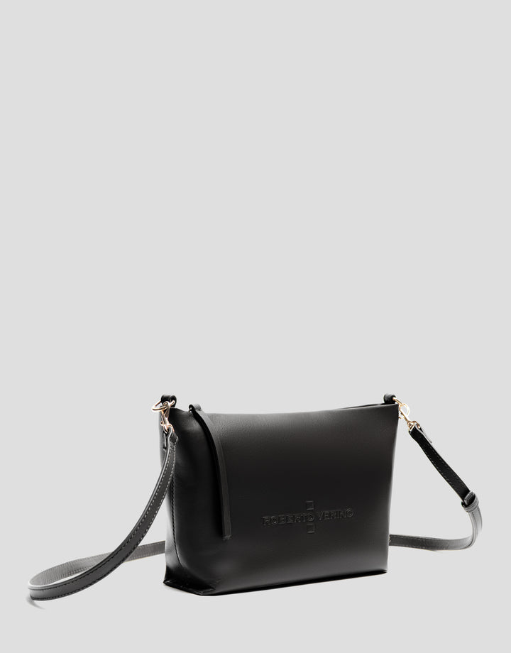 Black crossbody bag on a light gray background