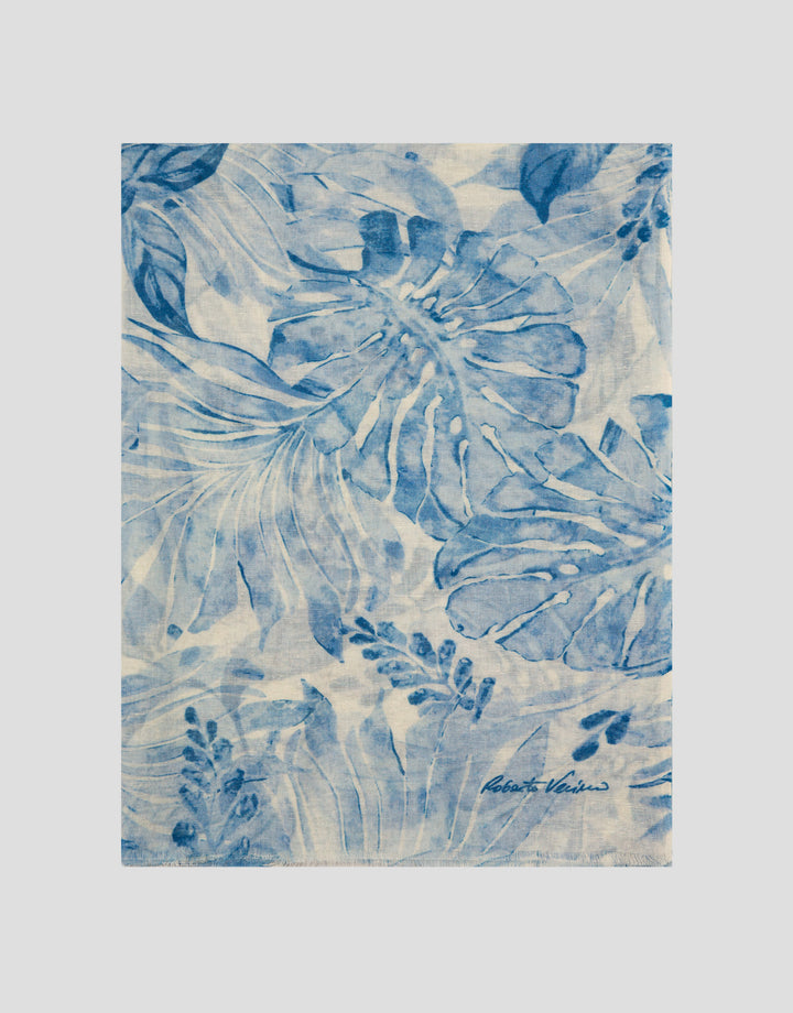 Blue and white floral patterned fabric on a white background
