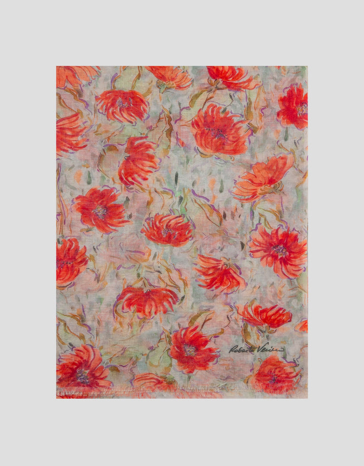 Floral patterned fabric with red flowers on a light background