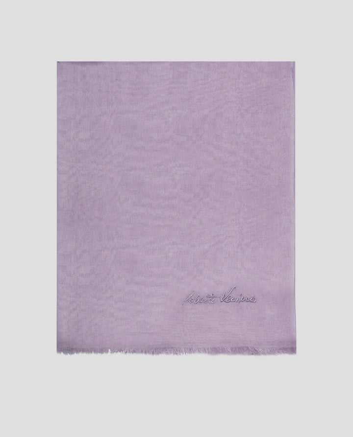 Purple textured scarf with 'Boutique' embroidery on a light gray background