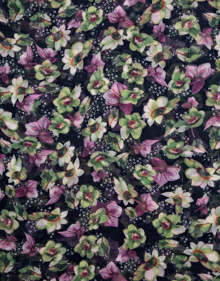 Floral pattern with green and purple flowers on a black background