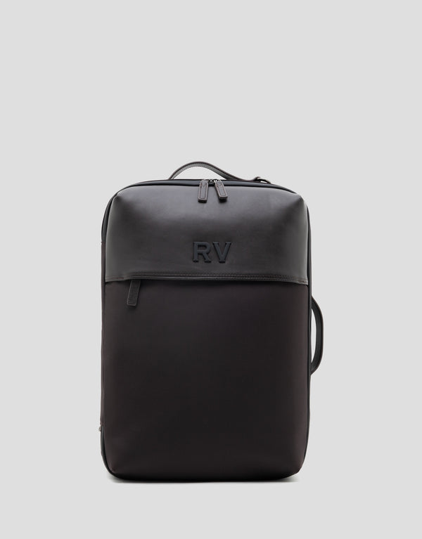 Black backpack with 'RV' logo on a light gray background