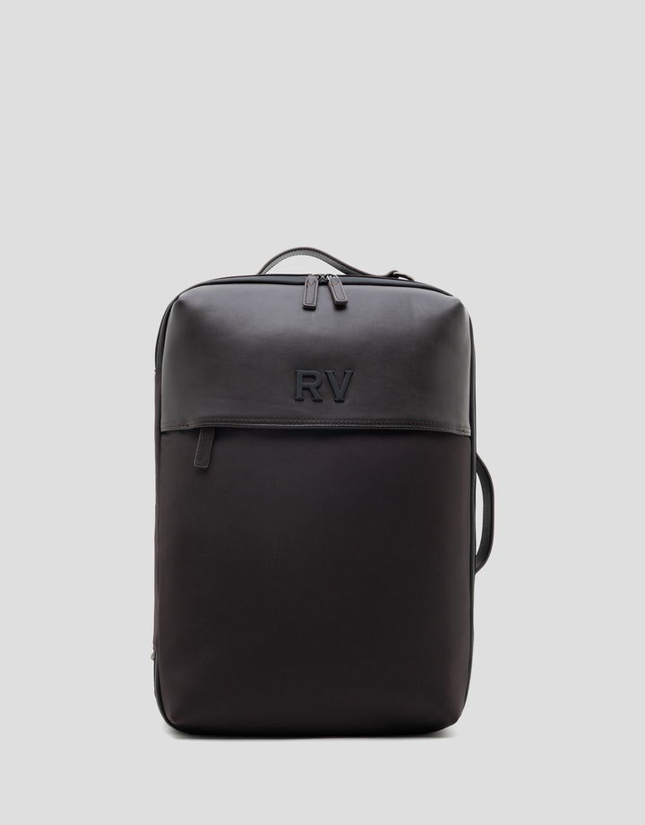 Black backpack with 'RV' logo on a light gray background