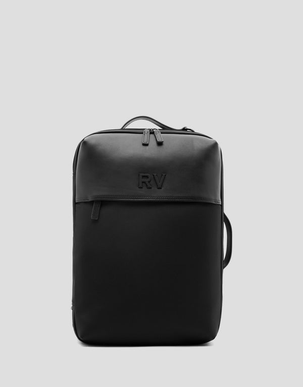 Black backpack with 'RV' logo on a light gray background