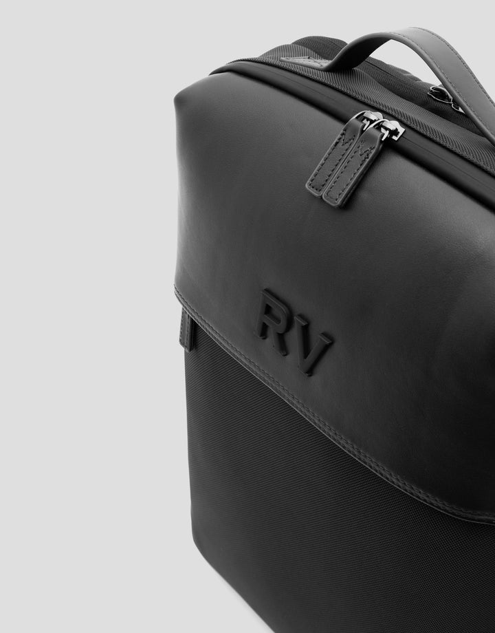 Black backpack with 'RV' logo on a light gray background