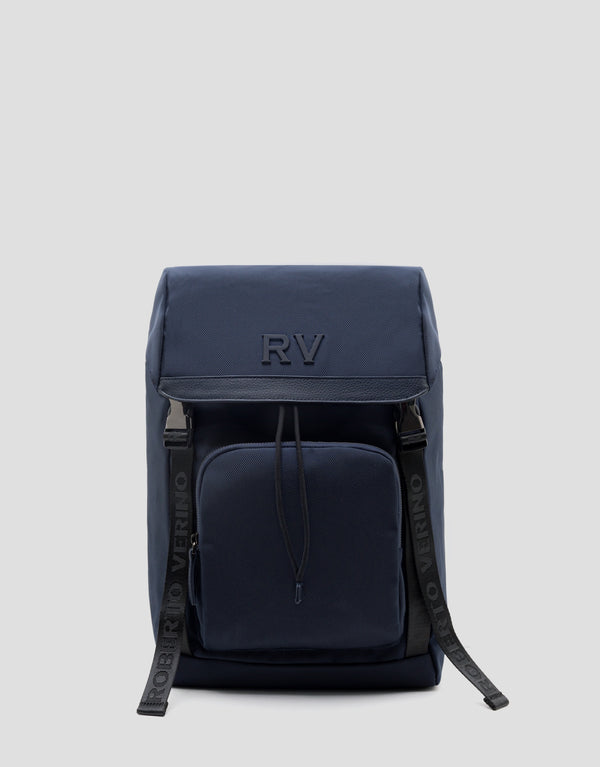 Navy blue backpack with 'RV' branding on a light gray background