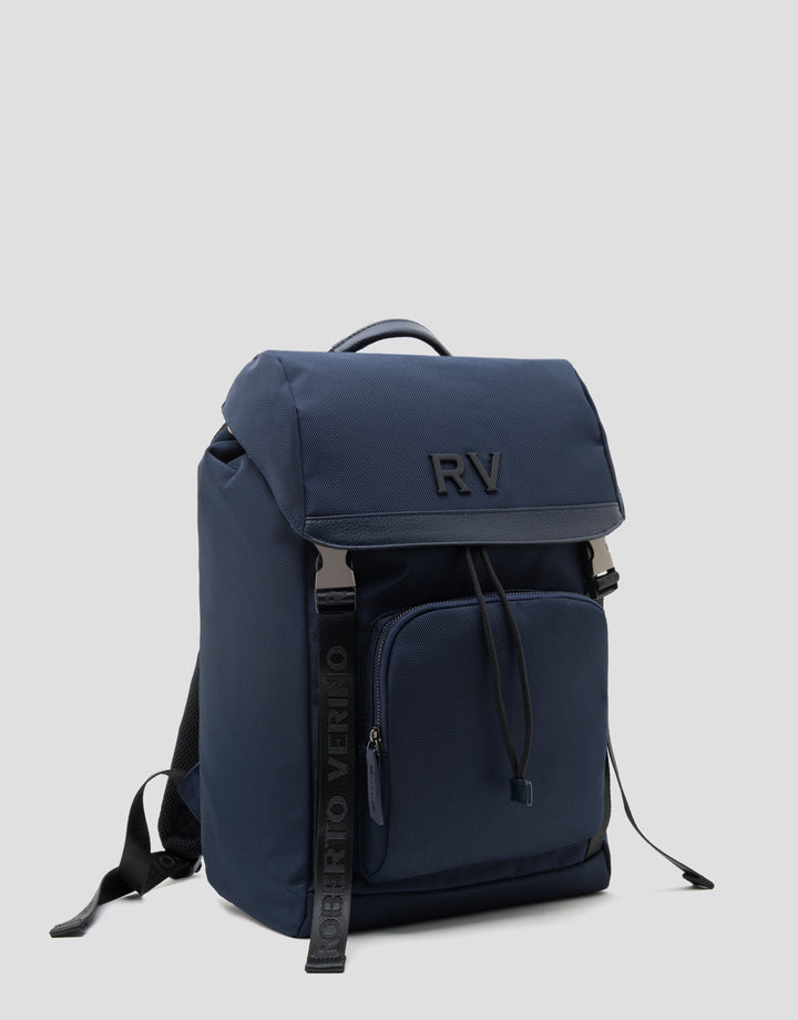 Navy blue backpack with 'RV' logo on a light gray background