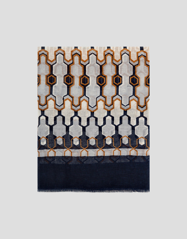Patterned scarf with geometric design on a light gray background