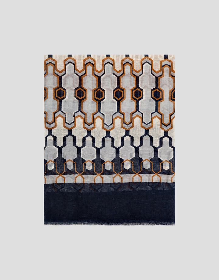 Patterned scarf with geometric design on a light gray background