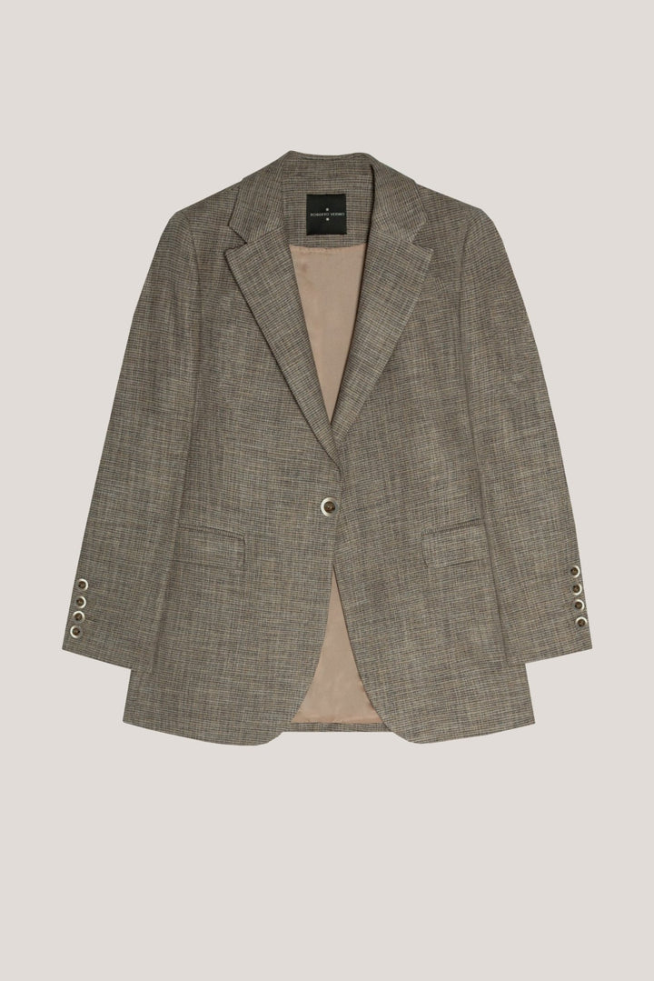 Knitwear | Beige and blue microprint blazer with one button by Spanish designer Roberto Verino