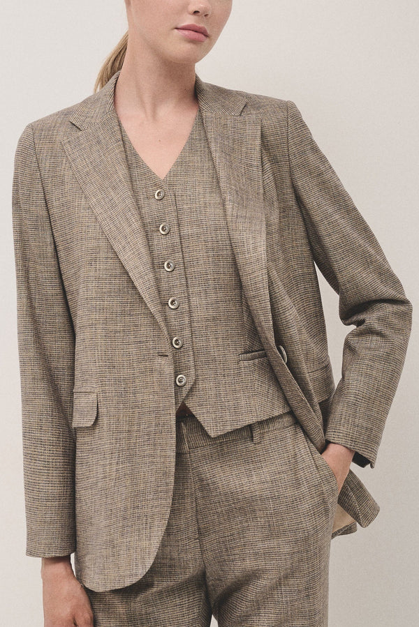 Knitwear | Beige and blue microprint blazer with one button by Spanish designer Roberto Verino