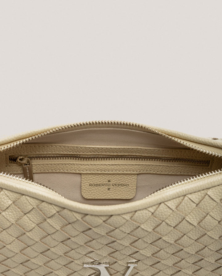 Handbags | Beige braided leather Erea Moon shoulder bag by Spanish designer Roberto Verino