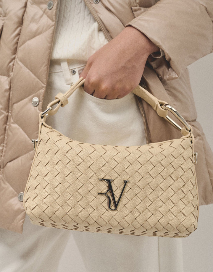 Handbags | Beige braided leather Erea Moon shoulder bag by Spanish designer Roberto Verino