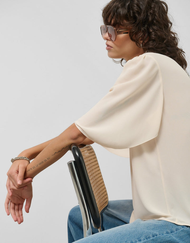 Shirts & Blouses | Beige flowing blouse with frilly sleeves by Spanish designer Roberto Verino
