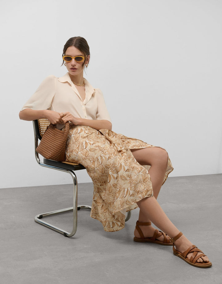 Skirts | Beige sarong - style chiffon midi skirt with decorative plant print by Spanish designer Roberto Verino