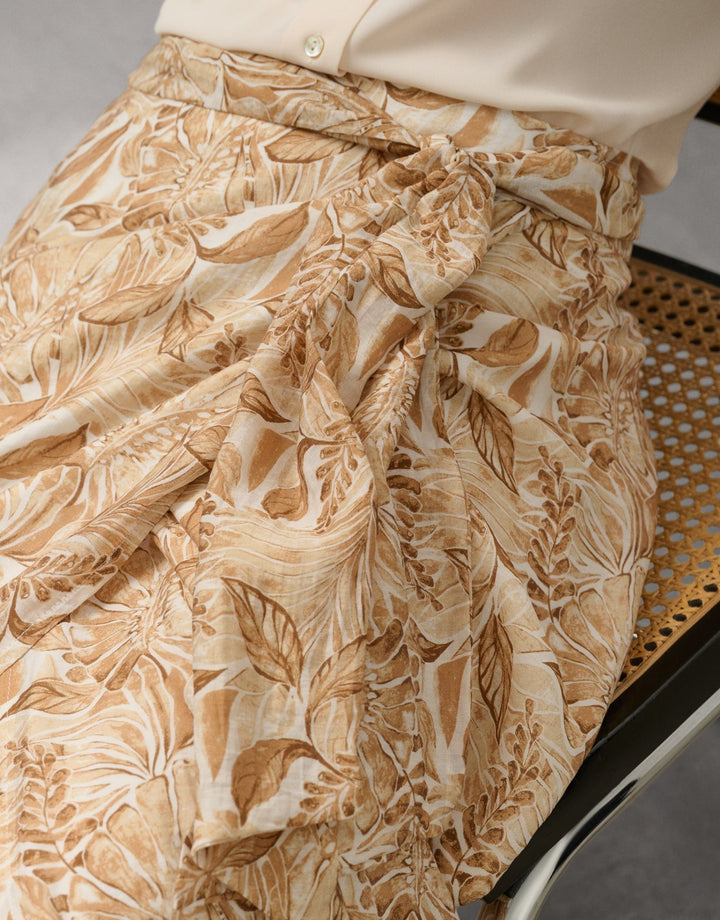 Skirts | Beige sarong - style chiffon midi skirt with decorative plant print by Spanish designer Roberto Verino