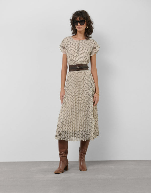 Dresses | Black and white midi dress with pleats and geometric print by Spanish designer Roberto Verino