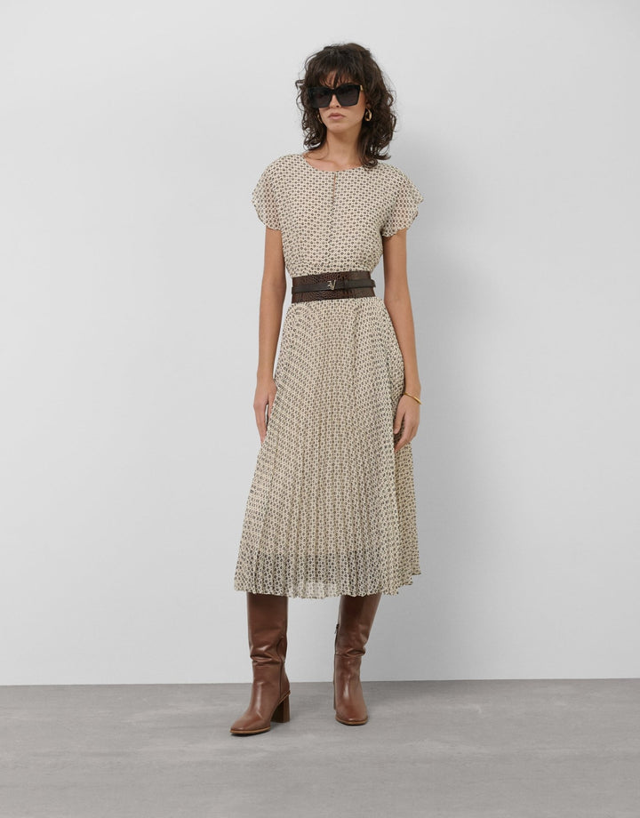 Dresses | Black and white midi dress with pleats and geometric print by Spanish designer Roberto Verino