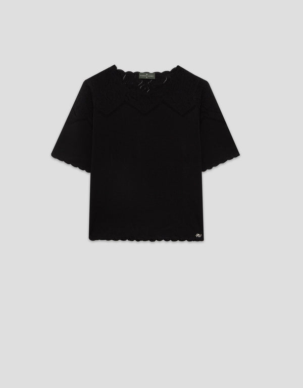 Knitwear | Black fine knit short - sleeved sweater with openwork pattern by Spanish designer Roberto Verino