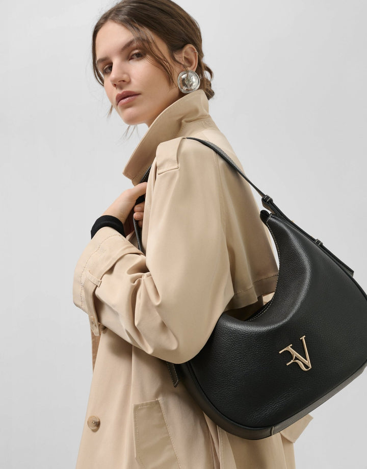 Handbags | Black granulated leather Cuca Hobo shoulder bag by Spanish designer Roberto Verino