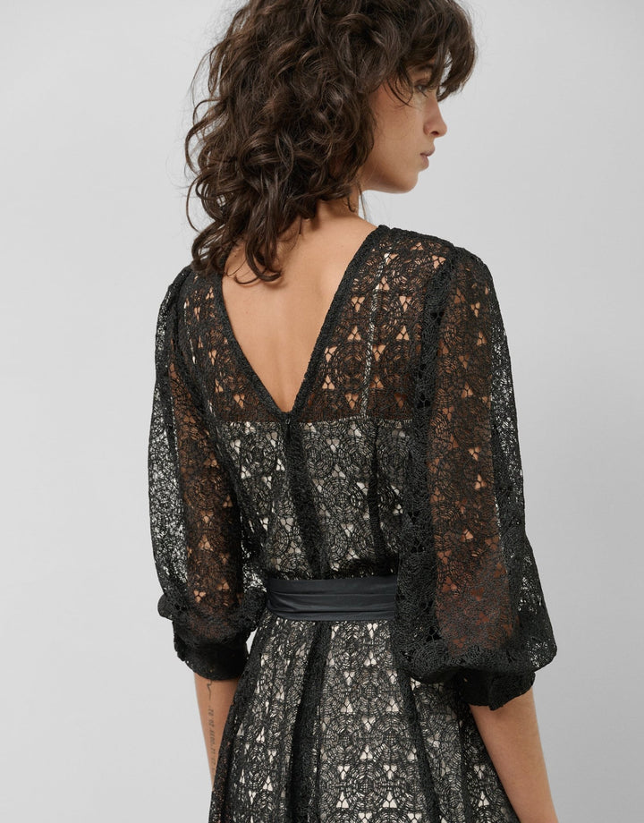 General | Black guipure long sleeve midi dress by Spanish designer Roberto Verino