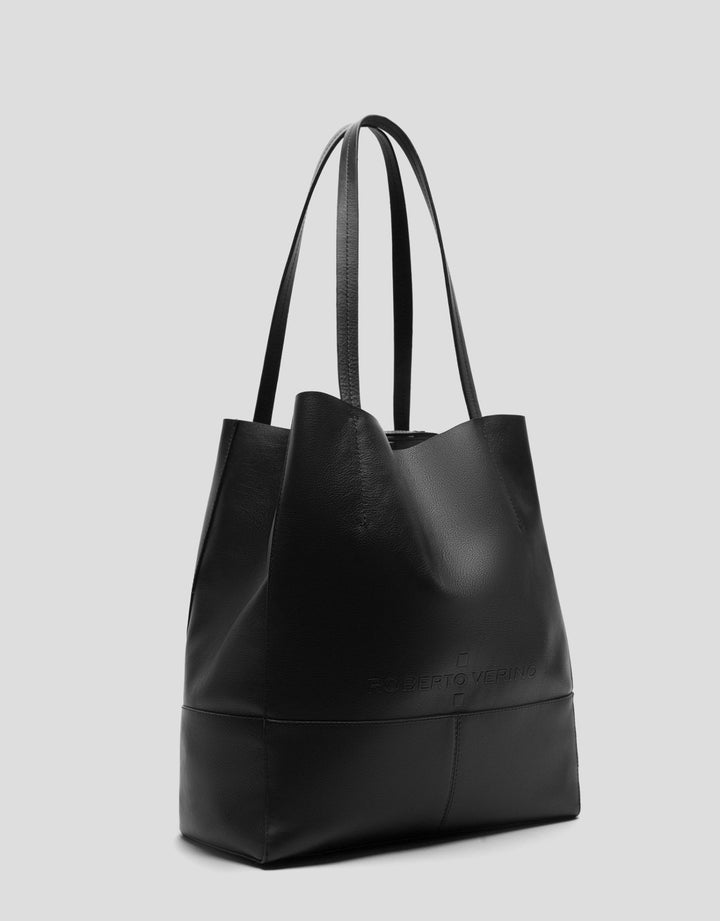 Handbags | Black leather Megan Midi shopping bag by Spanish designer Roberto Verino