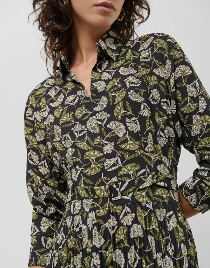 Dresses | Black midi pleated dress with green leaf print by Spanish designer Roberto Verino