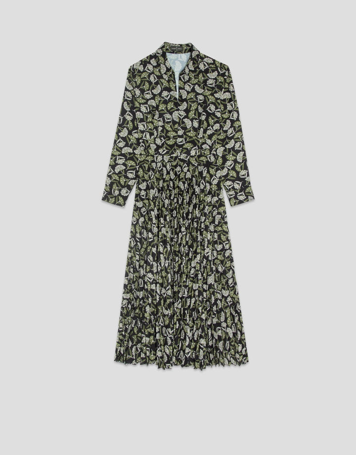 Dresses | Black midi pleated dress with green leaf print by Spanish designer Roberto Verino
