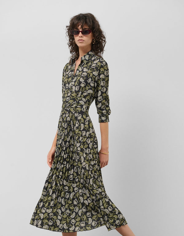 Dresses | Black midi pleated dress with green leaf print by Spanish designer Roberto Verino