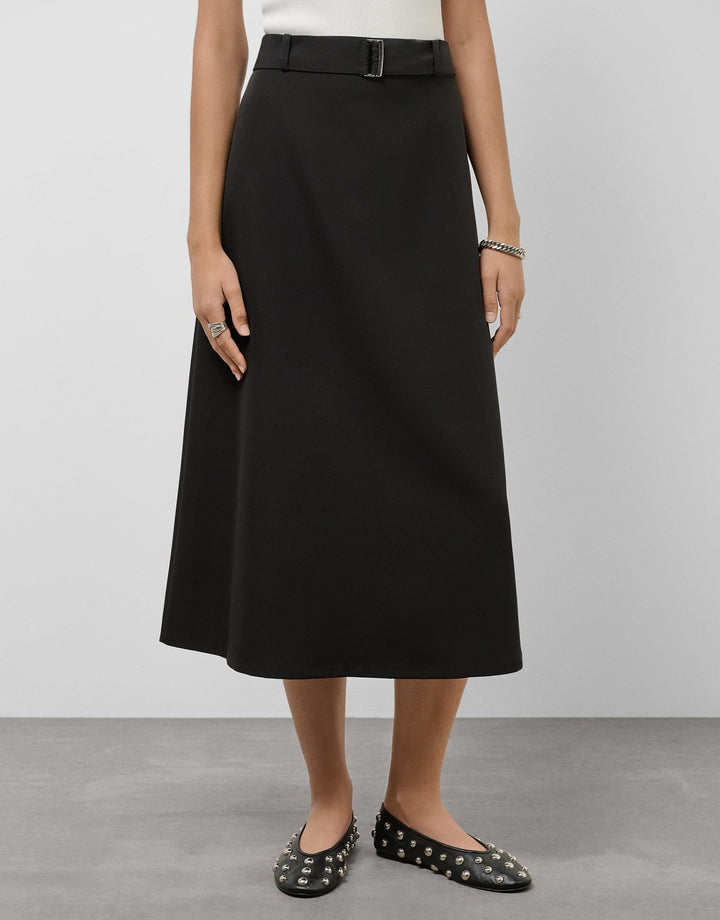 General | Black midi twill flowing skirt with belt by Spanish designer Roberto Verino