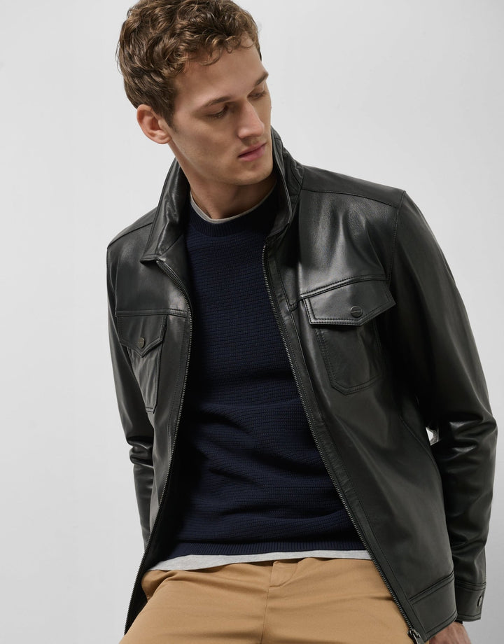 Outerwear | Black nappa leather jacket with chest pockets by Spanish designer Roberto Verino