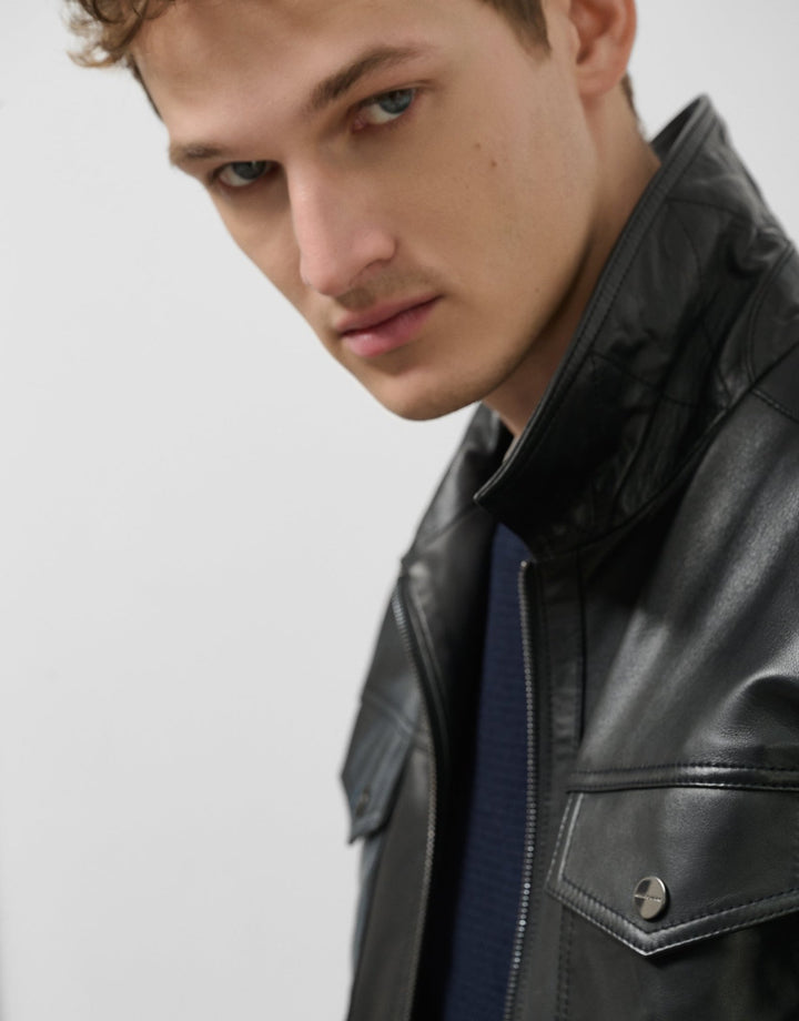 Outerwear | Black nappa leather jacket with chest pockets by Spanish designer Roberto Verino