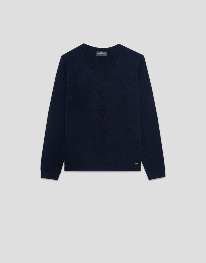 General | Black Raw V - neck sweater with central stripe by Spanish designer Roberto Verino
