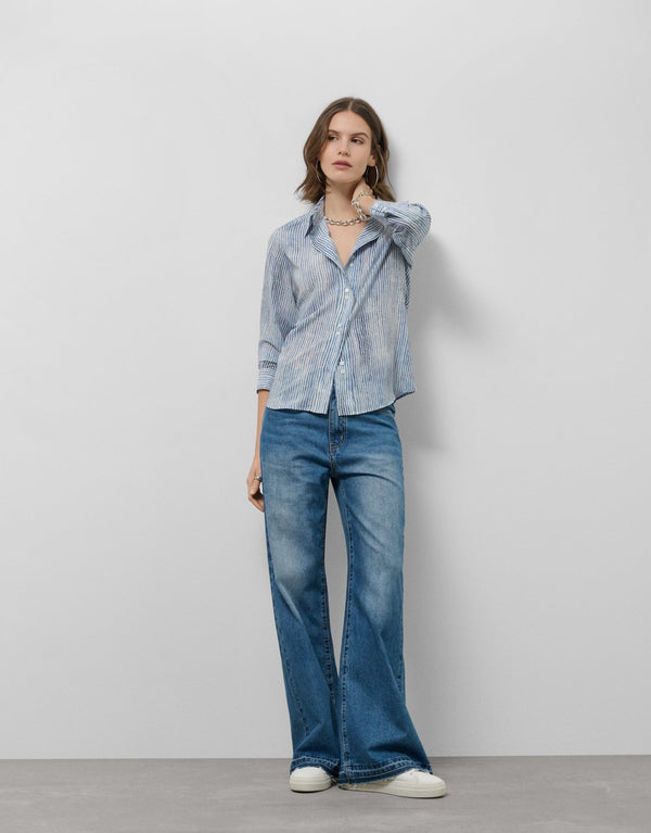 Shirts & Blouses | Blue and white striped blouse with roll up sleeves by Spanish designer Roberto Verino