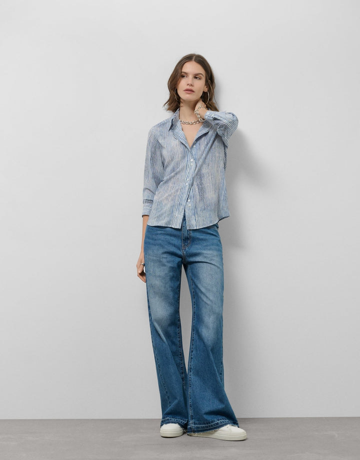 Shirts & Blouses | Blue and white striped blouse with roll up sleeves by Spanish designer Roberto Verino