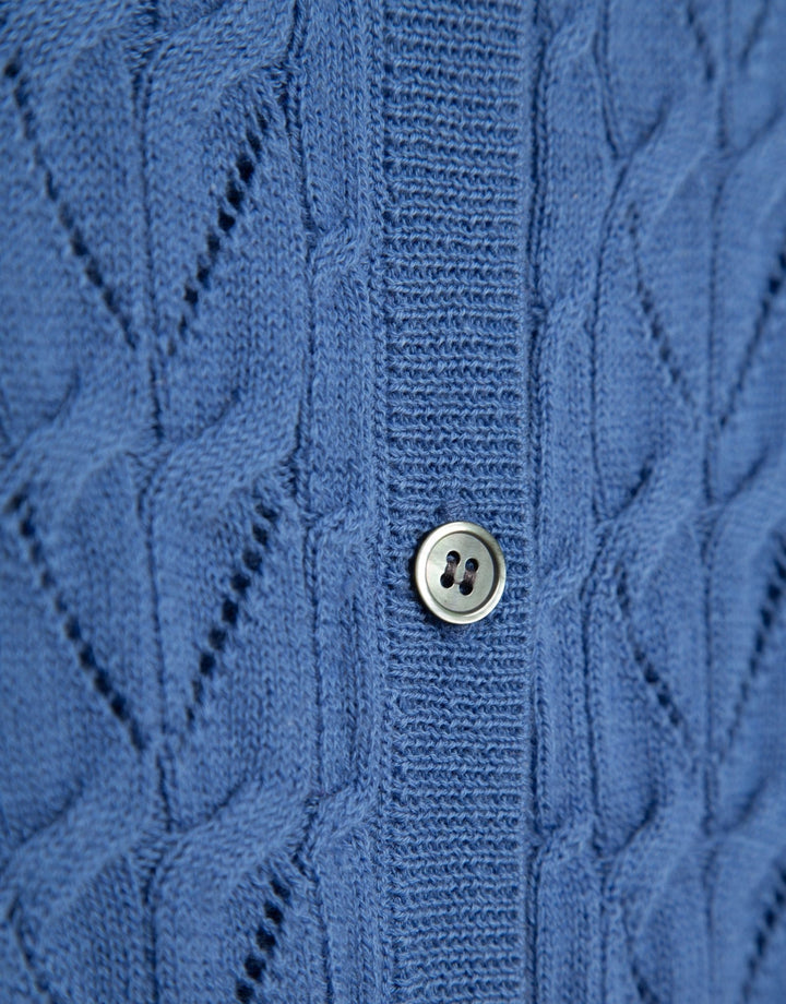 Knitwear | Blue cable knitted wool/cotton ribbed cardigan by Spanish designer Roberto Verino