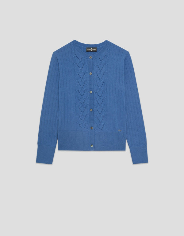 Knitwear | Blue cable knitted wool/cotton ribbed cardigan by Spanish designer Roberto Verino