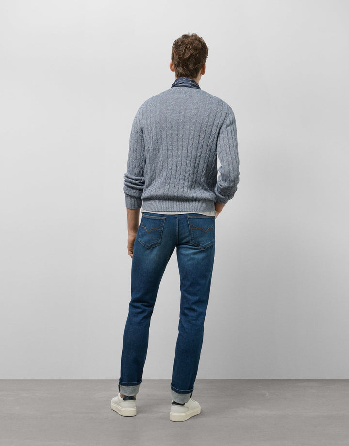 Men Sweater | Blue cotton/linen cable knit sweater by Spanish designer Roberto Verino