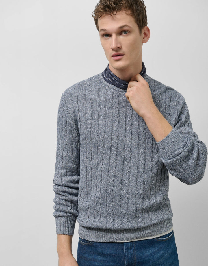 Men Sweater | Blue cotton/linen cable knit sweater by Spanish designer Roberto Verino