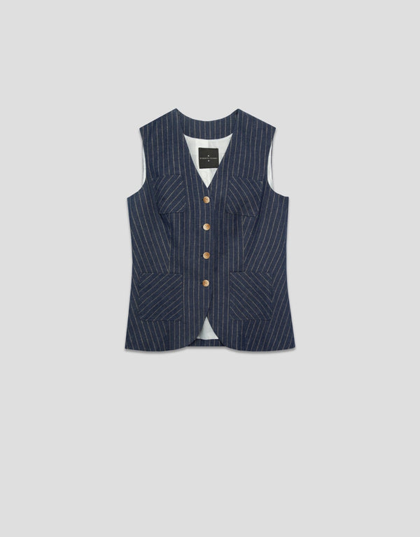 General | Blue denim and linen vest with gold outlines by Spanish designer Roberto Verino