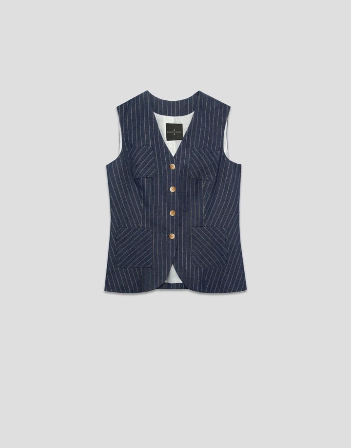 General | Blue denim and linen vest with gold outlines by Spanish designer Roberto Verino