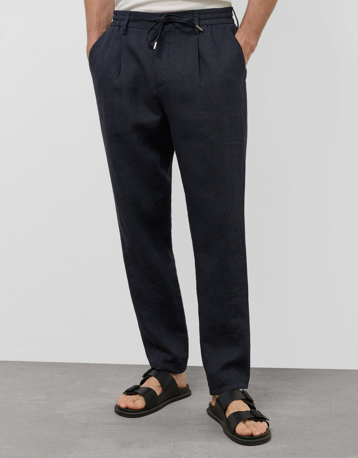 Pants | Blue melange linen pants with darts by Spanish designer Roberto Verino