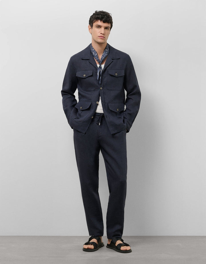 Pants | Blue melange linen pants with darts by Spanish designer Roberto Verino