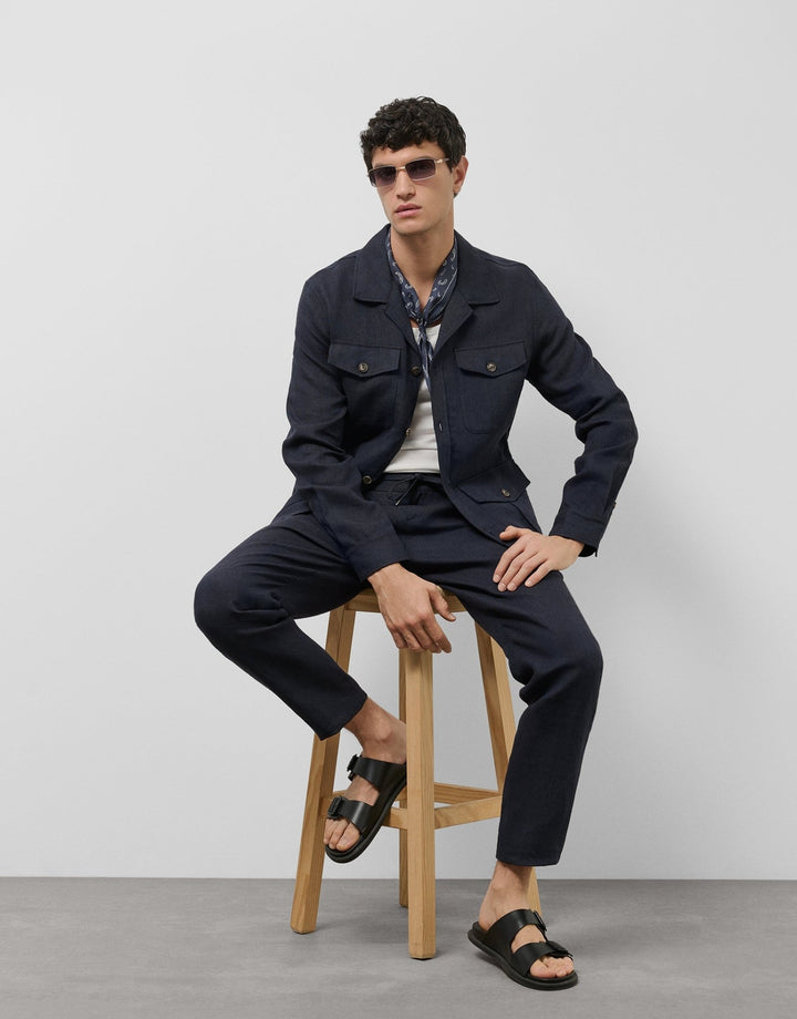 Pants | Blue melange linen pants with darts by Spanish designer Roberto Verino