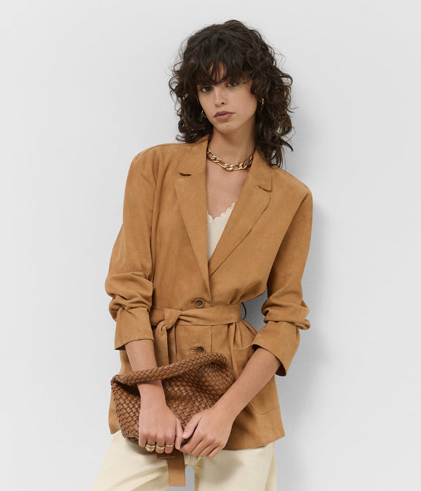 Jackets | Camel suede belted jacket by Spanish designer Roberto Verino