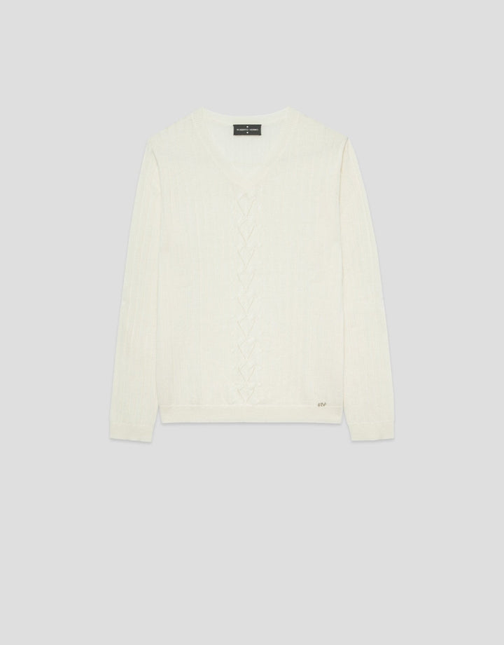 General | Cream Raw V - neck sweater with central stripe by Spanish designer Roberto Verino