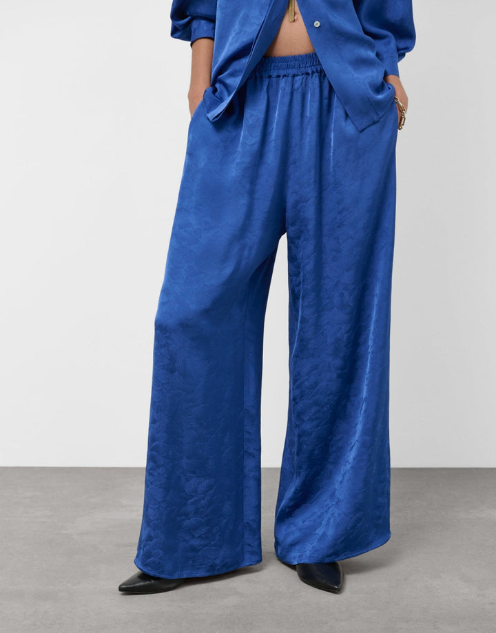 Pants | Deep blue palazzo pants with floral damask by Spanish designer Roberto Verino