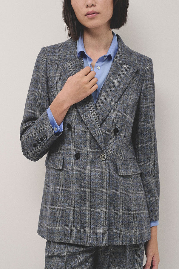 Knitwear | Double - breasted blazer in grey and blue wales check wool by Spanish designer Roberto Verino
